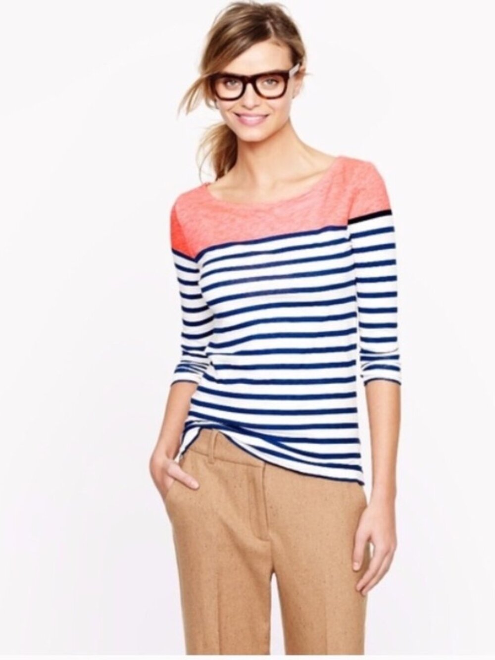 J.Crew Coral Pink Orange Navy White Striped Colorblock 3/4 Sleeve Top Size S